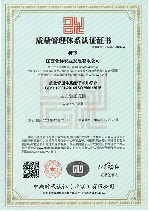 质量管理体系认证证书中文版